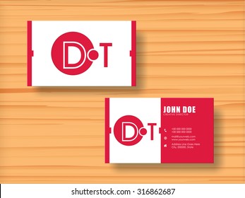 Professional Stylish Horizontal Business Card, Name Card Or Visiting Card Set In Pink And White Colors On Wooden Background