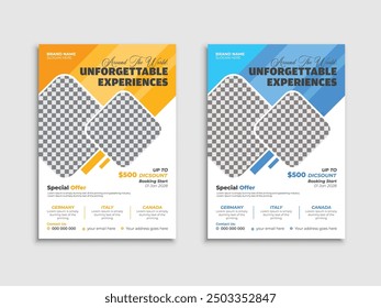 Professional and stylish vacation travel flyer template design. elegant, modern, creative, and stylish 
leaflet for a holiday tour, road trip, or journey advertising, or promotion
