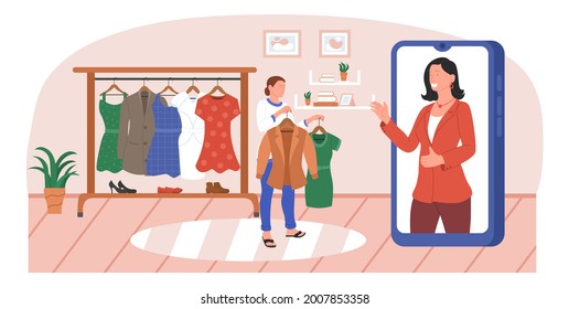 Professional stylist consultant in social media mobile app. Woman customer getting advice choosing trendy outfit, parsing garment being at home using smartphone vector illustration