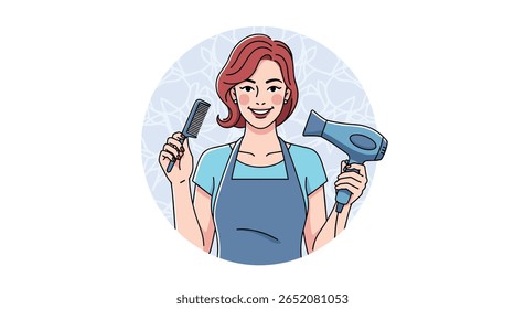 Profissional stylist oferece serviços de cuidados com o cabelo com ferramentas de estilo, incluindo secador e pente