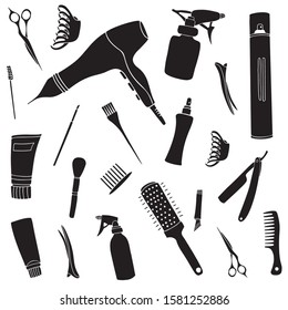 Professional stylist tools for hair. Isolated object on white background. Hair dryer, combs, scissors, shampoos, sprays, brushes, brushes.