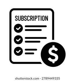 Professional subscription billing icon featuring a pricing plan checklist and dollar symbol representing recurring payments, membership plans, and SaaS subscription management. Ideal for websites, mobile applications, fintech platforms, software services, e-commerce solutions, pricing pages, and digital business presentations.