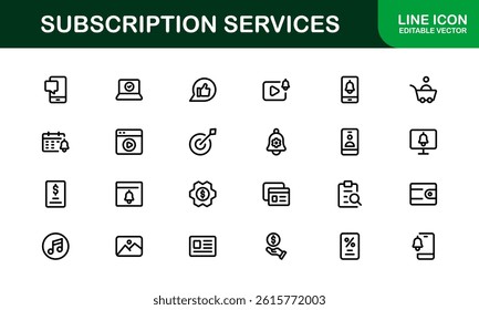 Professional Subscription Services Icon Set Vector Illustration. Most Useful Icons for Membership, Subscription, Billing, and Payment Systems.