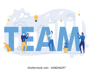 Professional Successful Business Team on Team big Letter, Bulbs and Gear Wheels Background. Company or Office Employees Presentation. Corporate Human Resources. Flat Cartoon Vector Illustration.