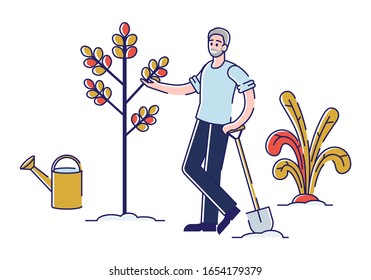 Professional Summer Gardening Concept. Man Is Working In the Field, Doing The Garden Job, Planting, Growing And Harvesting Apples By Garden Work Tools. Cartoon Linear Outline Flat Vector Illustration