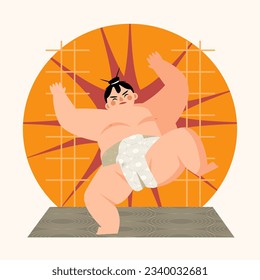 Professional sumo wrestler performing exercises and trains before fight in professional gym. Japanese martial arts concept. Flat vector illustration in cartoon style in orange colors