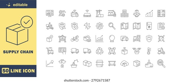 Professional supply chain line icon set featuring 50 editable outline icons related to logistics management, warehouse operations, inventory control, transportation, shipping, distribution, delivery services, freight management, packaging, smart logistics, sustainability, and global supply networks. Clean stroke vector collection ideal for websites, mobile applications, dashboards, presentations, infographics, logistics software, SCM platforms, UI UX projects, and business materials.