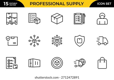 Professionelle Supply Chain Logistik Linie Icon-Set. Moderne saubere Vektorgrafiken, die Lieferung, globalen Handel, Versand und Frachtmanagement darstellen.Dünne Umrisssymbole Paket. Vektorgrafik
