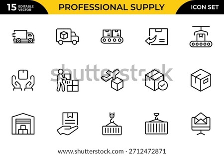 Professional supply chain logistics line icon set. Modern clean vector illustrations representing delivery, global trade, shipping, and cargo management.Thin outline icons pack. Vector illustration