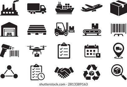 Professional supply chain management icon set including freight, warehouse, inventory, procurement, manufacturing, cargo, delivery, distribution, packaging, tracking, supplier, and transportation outline icons. High-quality editable vector collection ideal for business, logistics, e-commerce, SaaS platforms, infographics, websites, mobile applications