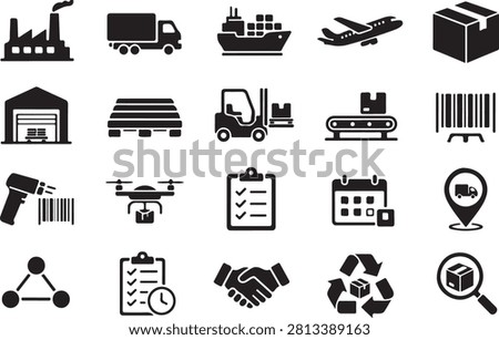 Professional supply chain management icon set including freight, warehouse, inventory, procurement, manufacturing, cargo, delivery, distribution, packaging, tracking, supplier, and transportation outline icons. High-quality editable vector collection ideal for business, logistics, e-commerce, SaaS platforms, infographics, websites, mobile applications