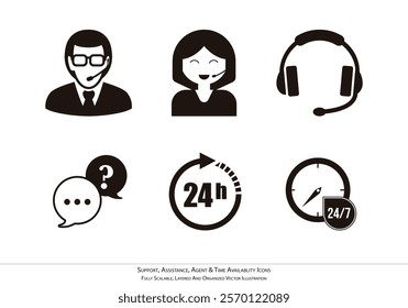 Professional Support and Assistance Icons - Agent and Time Availability Vector Graphics