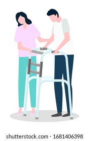 Professional support from assistance or nurse helping disabled person going with metal chair modern equipment. Therapy caring for patient male with handicap. Illness man character standing vector