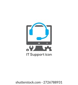 Icono de Asistencia de TI de Profesional con auriculares azules en el monitor de computadora gris con símbolos de engranajes y llaves para asistencia técnica.
