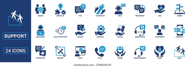 Professional support icon set in solid dual color glyph style designed for customer service, technical assistance, and helpdesk communication projects. Includes help, assist, service, care, contact, guidance, advice, FAQ, outreach, maintenance, customer response, quick response, chat, repair, and support team symbols. Perfect for customer support platforms, business websites, SaaS dashboards, apps, and communication systems.