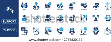 Professional support icon set in solid dual color glyph style designed for customer service, technical assistance, and helpdesk communication projects. Includes help, assist, service, care, contact, guidance, advice, FAQ, outreach, maintenance, customer response, quick response, chat, repair, and support team symbols. Perfect for customer support platforms, business websites, SaaS dashboards, apps, and communication systems.