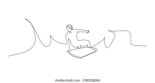 Professional surf male on surfboard. Man in ocean during surfing. Surfer and ocean wave - continuous one line drawing