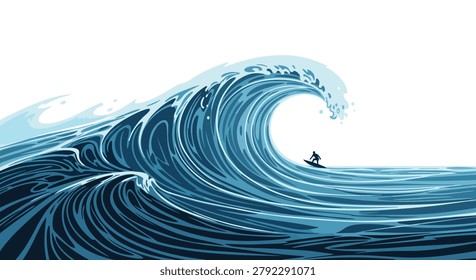 Professional surfer riding inside a massive barrel of a giant blue ocean wave in a dynamic vector illustration for sport.