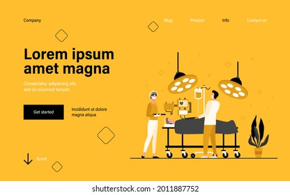 Professional surgeons surrounding patient on operation table flat vector illustration. Cartoon medical workers checking patient condition. Medicine technology and healthcare concept