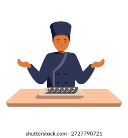 El chef de sushi Profesional muestra un plato de panecillos maki recién preparados, destacando la experiencia culinaria japonesa