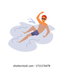 Professional swimmer athlete or swimming man in water wave, flat vector illustration isolated on white background. Sport competition and summer beach activity.