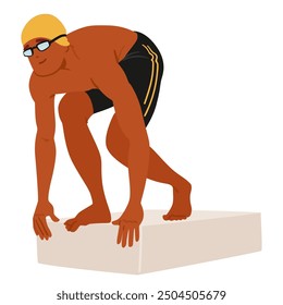 Professioneller Schwimmer in einer kauernden Position, bereit, vom Startblock zu tauchen. Athlet trägt Schwimmbrille und eine Kappe, vermittelt Entschlossenheit, Fokus und Athletik im Schwimmsport