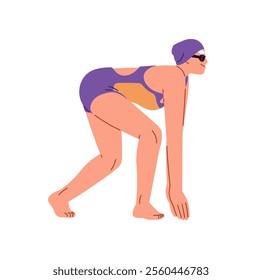 Professional swimmer in goggles is on start in pose side view. Sportswoman in swimsuit is ready for diving in swimming pool in sport competition. Flat isolated vector illustration on white background