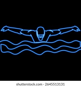 Professional Swimmer In Night Pool Glow Illuminated Swimming Pool Scene for Luxury Advertising icon neon glow vector illustration concept