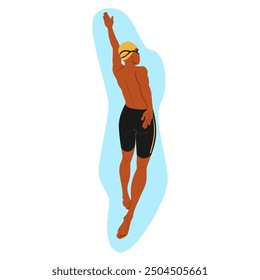 Professioneller Schwimmer mit Schwimmtechnik und -stärke. Athlet mit Schwimmkappe und Schwimmbrille in einer gestrafften Position im Wasser. Konzept von Sport, Fitness, Wettkampf und Athletik