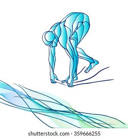 The professional swimmer starts to dive on the competition. Vector color silhouette illustration on white background