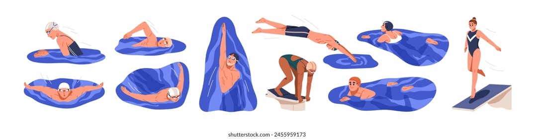 Professional swimmers in action, swimming and jumping off board into pool. Water sports athlete training backstroke, butterfly, crawl, freestyle. Flat vector illustration isolated on white background