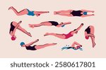 Professional Swimmers, jumpers into pool. Cartoon characters set. Various positions, swim styles. Water sports, activities, training concept. Hand drawn Vector illustration. Isolated design elements