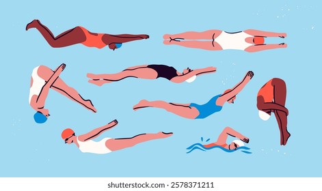 Professional Swimmers, jumpers into pool. Cartoon characters set. Various positions, swim styles. Water sports, activities, training concept. Hand drawn Vector illustration. Isolated design elements