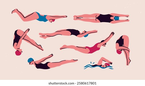 Professional Swimmers, jumpers into pool. Cartoon characters set. Various positions, swim styles. Water sports, activities, training concept. Hand drawn Vector illustration. Isolated design elements