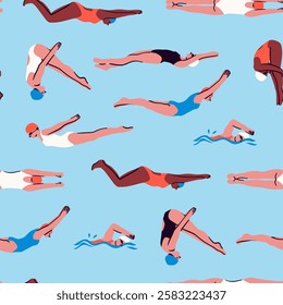 Professional Swimmers, jumpers into water. Cartoon characters set. Various positions, swim styles. Water sports, activities, training concept. Hand drawn Vector illustration. Square seamless Pattern