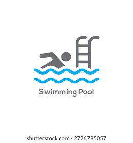 Icono de la piscina de Profesional con la silueta gris del nadador, las olas azules del agua y la escalera para las vacaciones de verano y los deportes del ocio.
