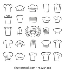 Professional tall chefs hats outline sketches set. Work headdresses for cook, male face with mustaches and laurel branches vector illustrations.