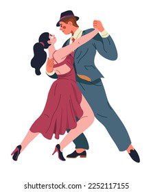 Professional tango dancers on stage performing and dancing. Passionate movements by man and woman wearing beautiful clothes. Partners skillful characters making pa. Vector in flat style illustration