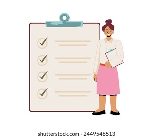 Professional task management concept. Vector illustration of a confident woman with a checklist clipboard, representing organization and responsibility.