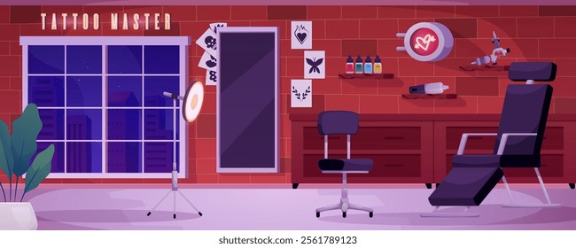 Professional tattoo salon interior with tools and equipment. Tattoo studio empty room. Black sketches hanging on brick wall. Needle machine and inks on shelf, armchair, lamp. Vector flat illustration