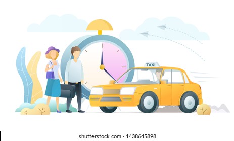 Professional taxi service flat vector illustration. Tourists couple with luggage and chauffeur cartoon characters. Passengers waiting for ride. City travel, urban transportation, cab delivery business