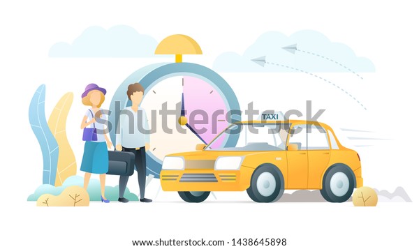 Professional taxi service flat vector\
illustration. Tourists couple with luggage and chauffeur cartoon\
characters. Passengers waiting for ride. City travel, urban\
transportation, cab delivery\
business