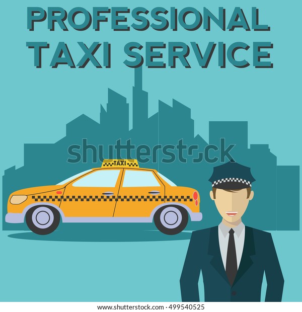 Professional taxi service yellow cab and driver\
with city vector\
concept
