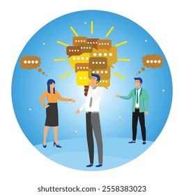 A professional team brainstorming, sharing ideas, and collaboration creatively on a bright blue background with a light bulb and thought bubbles symbolizing innovation and teamwork. Flat vector modern
