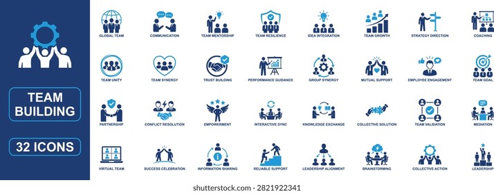 Professional team building and teamwork icon set featuring leadership, employee engagement, collaboration, brainstorming, conflict resolution, coaching, mentoring, team goals, partnership, communication, knowledge sharing, and HR management symbols. Perfect for corporate websites, business presentations, dashboards, and training platforms.