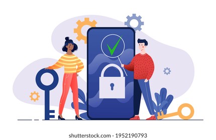 Professional team check devices for spy app. Protecting computer data for web page. Flat colorful abstract metaphor cartoon vector illustration concept design. Simple art isolated on white background