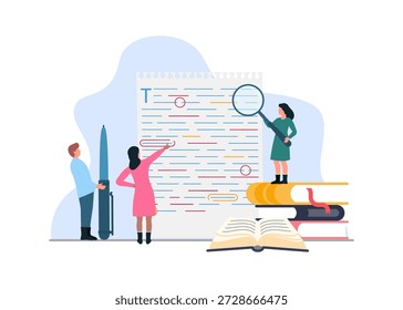 Equipo de Profesional que colabora para revisar, editar y revisar un documento Grande en busca de errores. Ilustración de stock.
