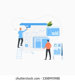 Professional team creating business solution flat icon. Painter, speaker, graphs. Teamwork concept. Can be used for topics like analysis, construction, finance
