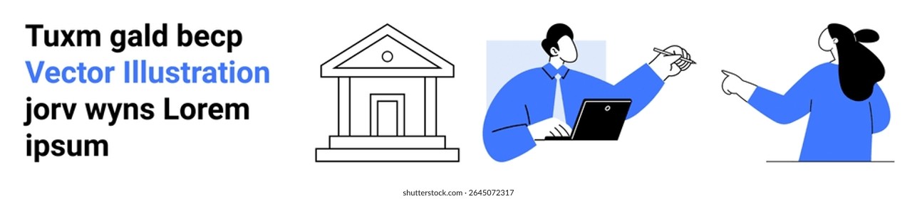 Equipe profissional discutindo ideias com um tablet, um edifício clássico transmite estrutura e espaço reservado de texto da instituição para personalização. Ideal para apresentações de negócios, materiais educacionais