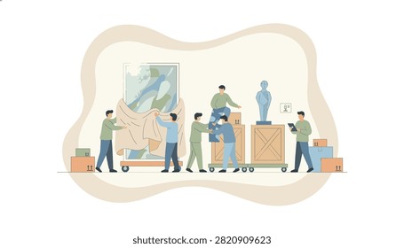 Professional team handling and packing art objects and sculptures for shipping.